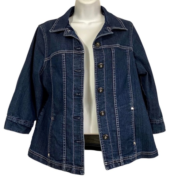 Allison Daley Blue Jean Jacket Blazer Stretchy Size 8 Medium Cotton Casual - Picture 1 of 15